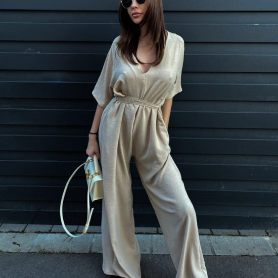 Pure Color Tied Girdle Depth V-neck Casual One-piece Wide-leg Pants