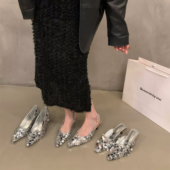 French Minority High Heel Silver Temperament Closed Toe Sandals